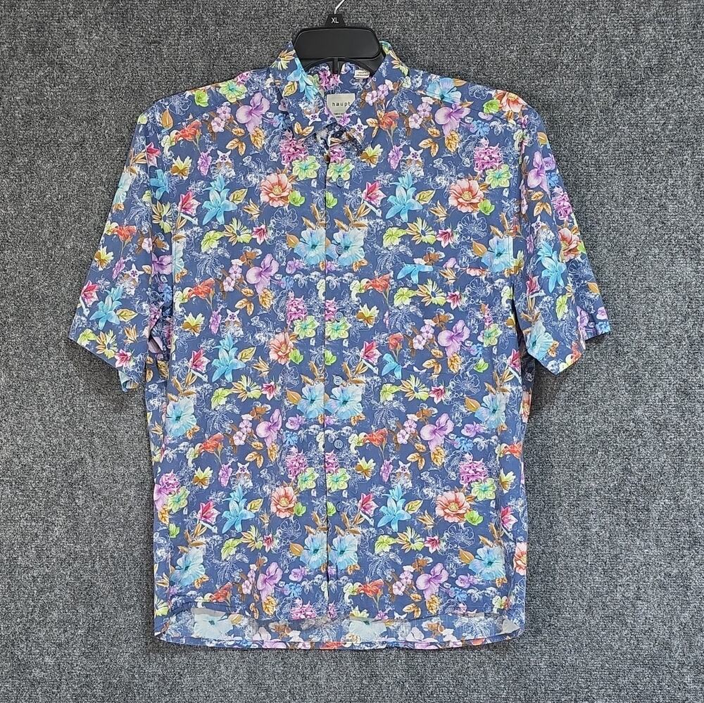 Haupt Regular Fit Men's L Blue Multicolor Floral Short Sleeve Button-Up Shirt
